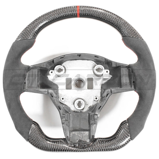 TESLA MODEL 3 & Y CARBON FIBRE / ALCANTARA FLAT BOTTOM STEERING WHEEL